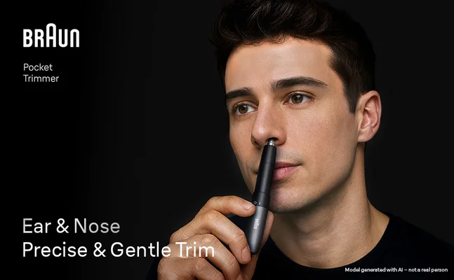 Man using Braun Ear & Nose trimmer to groom his nose hair.