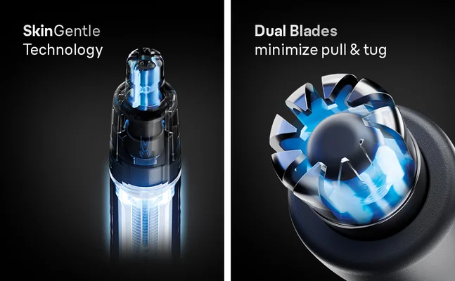 Close-up of Braun Ear & Nose trimmer with SkinGentle Technology and dual blades.