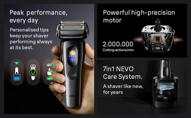 Braun electric shaver in Care system and showing the display with personalised tips.