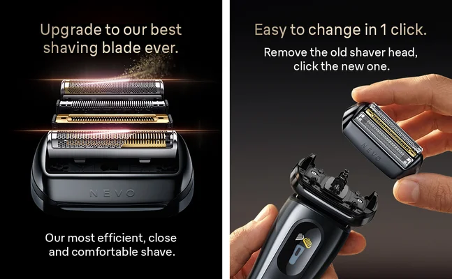 Exploded view of Braun shaving head as well as a picture showing the replacement process.