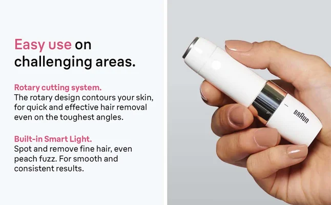 Easy use on challenging areas. Rotary cutting system. The rotary design contours your skin, for quick and effective hair removal even on the toughest angles. Built-in Smart Light. Spot and remove fine hair, even peach fuzz. For smooth and consistent results.