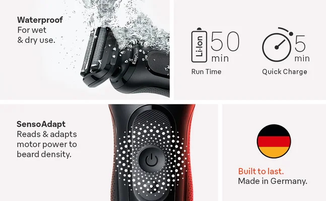 Braun Series 5 Sport shaver with waterproof wet and dry functionality, 50-minute runtime, 5-minute quick charge, AutoSense technology and German-engineered design.