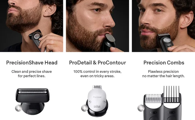 Braun Series 9 Beard Trimmer with PrecisionShave head, ProDetail trimmer, ProContour attachment and precision combs for accurate beard styling and grooming.