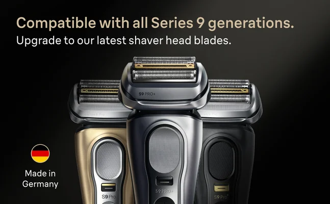 Braun Series 9 PRO+ replacement shaver head compatible with all Series 9 generations, featuring the latest shaving blade technology and German engineering.