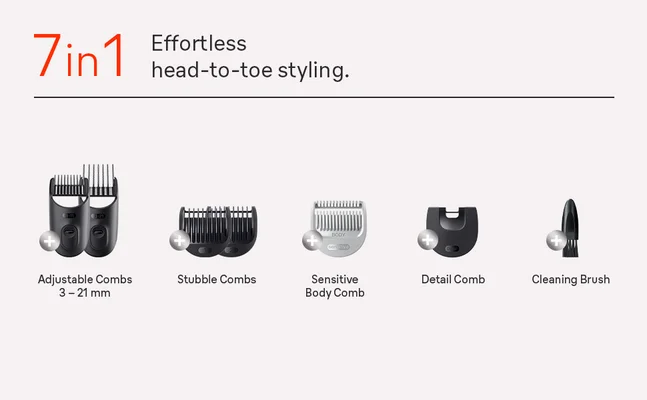Braun Series 5 All-in-One Trimmer 7-in-1 grooming kit including adjustable combs, stubble combs, sensitive body comb, detail comb and cleaning brush for versatile styling.
