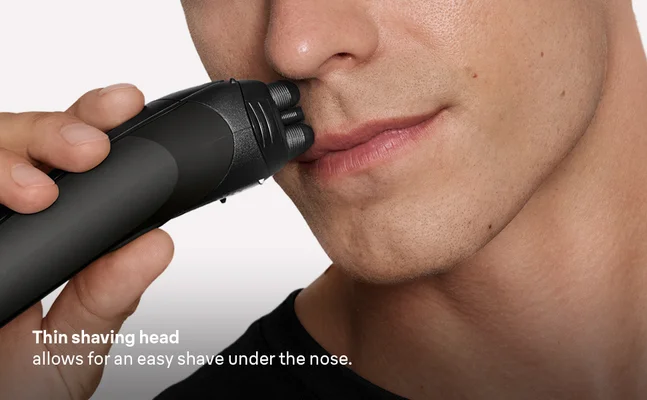 Braun Series 3 Sport electric shaver with a slim shaving head designed for precise grooming and easy shaving under the nose.
