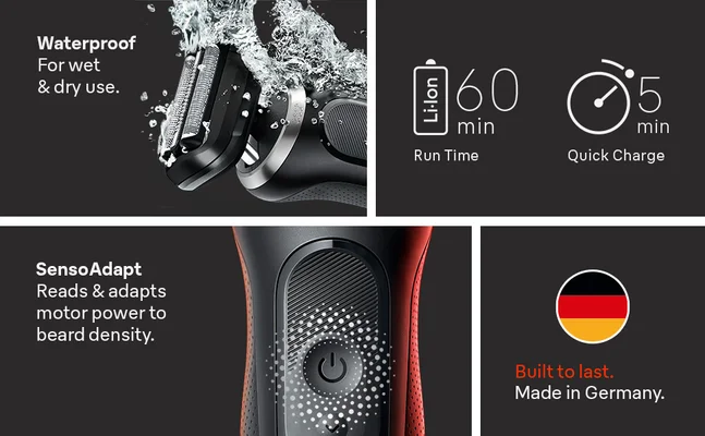 Braun Series 7 Sport electric shaver featuring waterproof wet and dry use, 60-minute runtime, 5-minute quick charge, AutoSense technology and German-engineered durability.