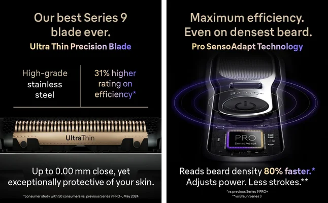 Braun Series 9 PRO+ featuring Ultra Thin Precision Blade and Pro SensoAdapt technology for efficient shaving performance.