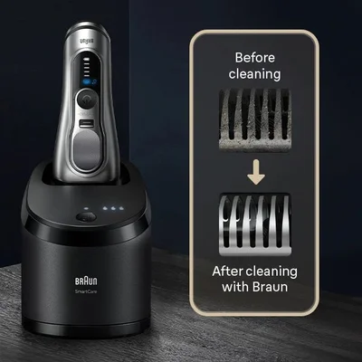 Braun Series 9 PRO+ electric shaver in SmartCare Center, showing automatic cleaning system performance before and after cleaning.