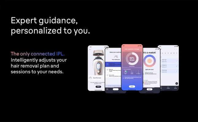 Braun Smart IPL app showing personalized treatment guidance, skin analysis, and session tracking.