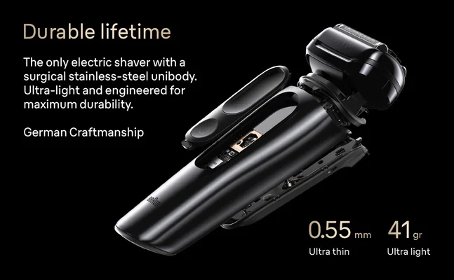 Braun NEVO electric shaver showcasing ultra-light stainless-steel unibody construction and German engineering.