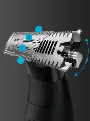 Braun trimmer head showing the numbered foil cutting elements and the flexing head.