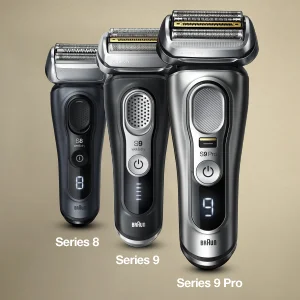 Braun Series 8, Series 9, and Series 9 Pro electric shavers are displayed.