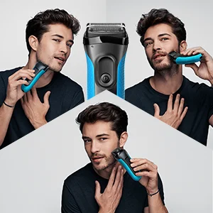 Braun Series 3 electric shaver demonstrated in three different shaving poses.