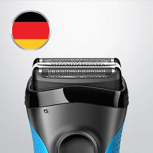 Braun shaver head close-up, with a German flag icon indicating the product's country of origin.
