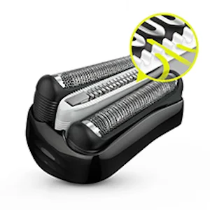 Braun shaver head replacement, with a magnified view highlighting the flexible blades.