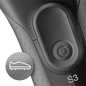 Braun shaver handle detail highlighting the 'S3' series and a visual icon of a shoe.
