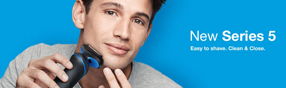 A man shaves his face with a blue and black electric shaver, with the text New Series 5 Easy to shave. Clean & Close.