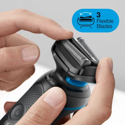Close-up of a hand holding a black electric shaver showing the flexible blades feature, with text EasyClean on the handle and 3 Flexible Blades next to a blades icon.