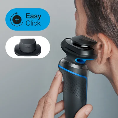 A man shaves near his ear with a black and blue electric shaver, with a small inset image showing a hair trimmer attachment and text that reads Easy Click.