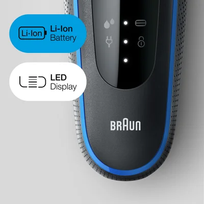 A close-up shows a black and blue Braun electric shaver with its display and labels Li-ion Battery, LED Display, and the BRAUN logo.