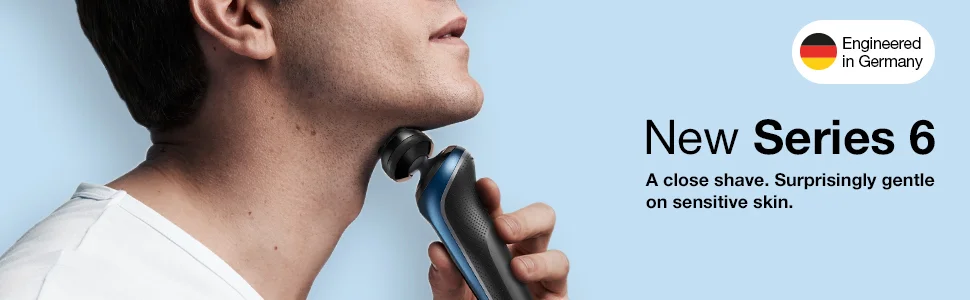 Image shows a man shaving his neck with an electric razor, along with text Engineered in Germany, New Series 6, A close shave. Surprisingly gentle on sensitive skin.