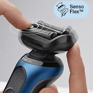 A hand touches the flexing head of a blue and black electric shaver showing text SensoFlex