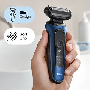 A hand holds a blue Braun Series 6 shaver with graphical overlays showing text Slim Design and Soft Grip.