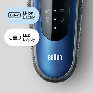 Close-up of a blue Braun electric shaver body with indicator lights and callouts for Li-ion Battery and LED Display.