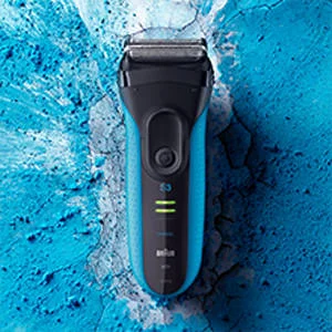 Braun Series 3 electric shaver on a textured blue background.
