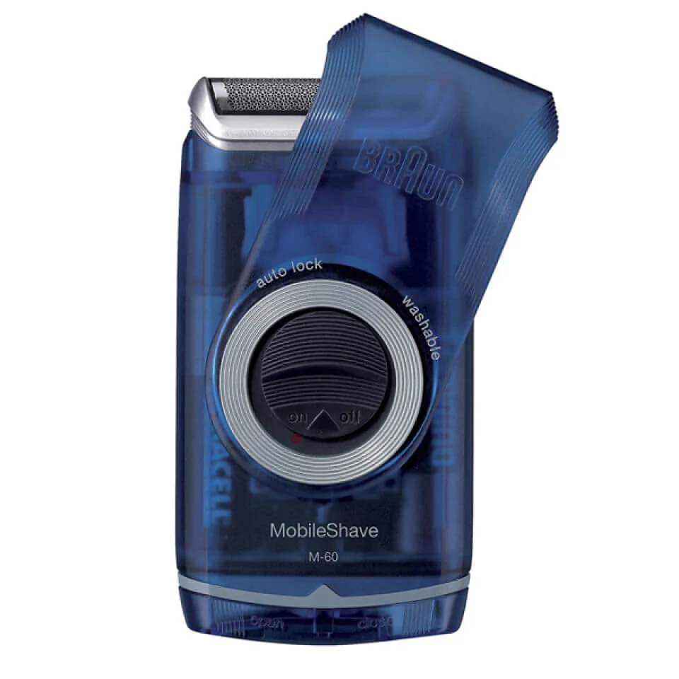 Braun MobileShave M-60 in translucent blue, featuring 'washable' design.
