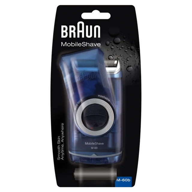 Braun MobileShave M-60b packaging with 'Smooth Skin Anytime, Anywhere' claim.
