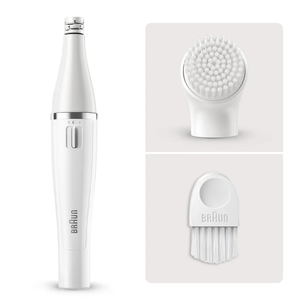 Braun facial epilator with precision head, cleansing brush, and cleaning tool.