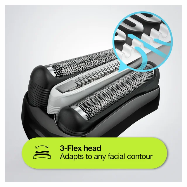 Braun 3-Flex shaver head demonstrating its adaptability to facial contours.