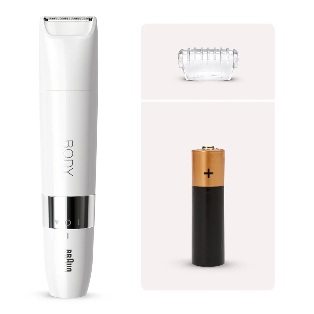 Braun BODY trimmer, shown with its plastic comb attachment and a single AA battery.