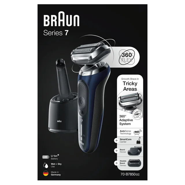 Braun Series 7 shaver packaging with 360° Flex, SmartCare Center, beard & stubble trimmers.