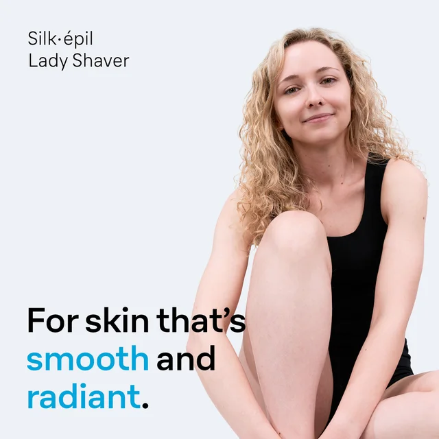 Braun Silk-épil Lady Shaver: smiling woman highlights smooth, radiant skin.
