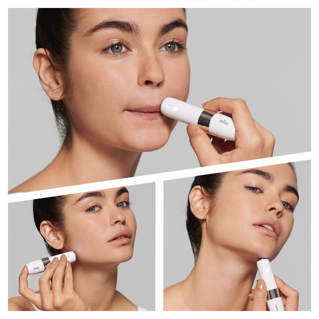 Woman uses Braun facial hair remover on upper lip, cheek, and neck for precise hair removal.