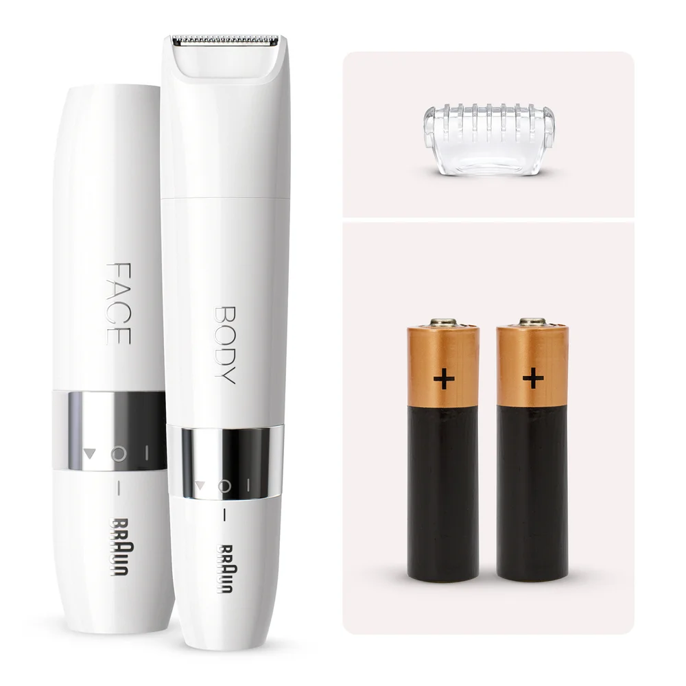 Braun Face & Body trimmers shown with comb guard and two batteries.
