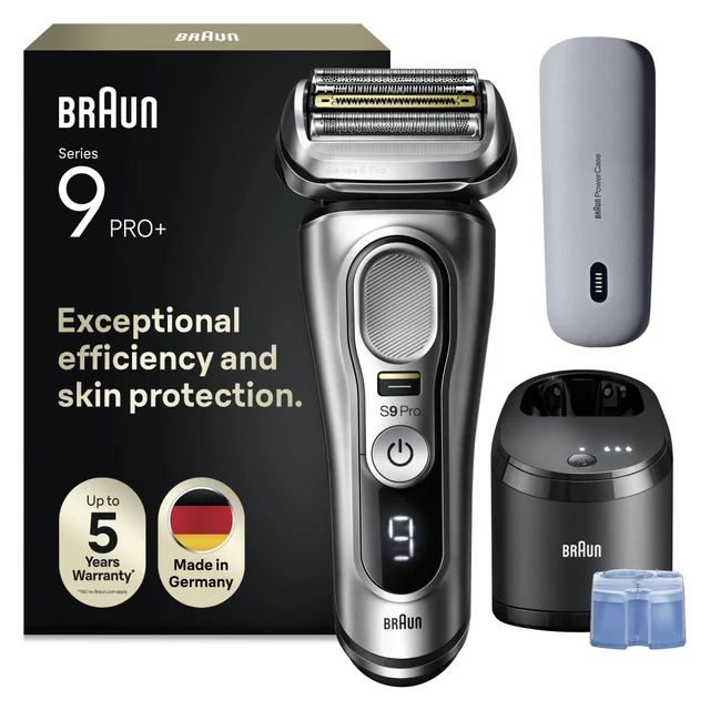 Braun Series 9 Pro+ electric shaver with PowerCase, SmartCare Center, cleaning cartridge, and retail packaging.