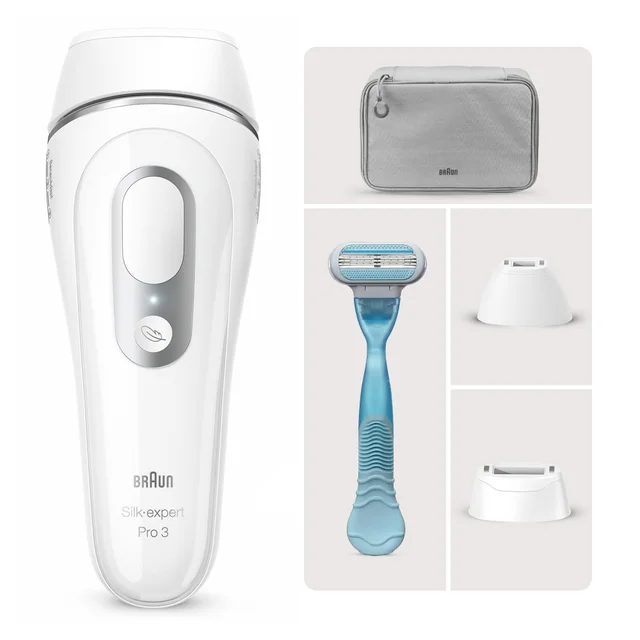 Braun Silk-expert Pro 3 IPL device shown with its carry pouch, Gillette Venus razor, and attachments.