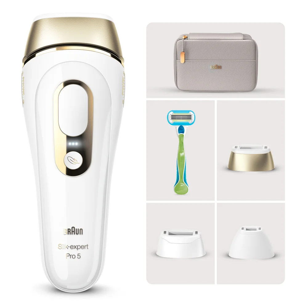 Braun Silk-expert Pro 5 IPL device with travel pouch, Gillette Venus razor, and multiple attachments.