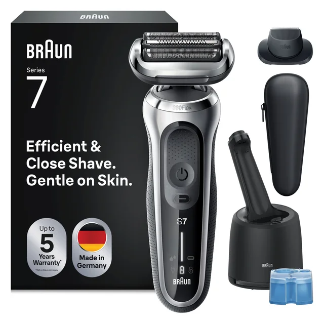 Braun shaver demonstrated on a man's face, highlighting its gentle and efficient shave in hard-to-reach areas.