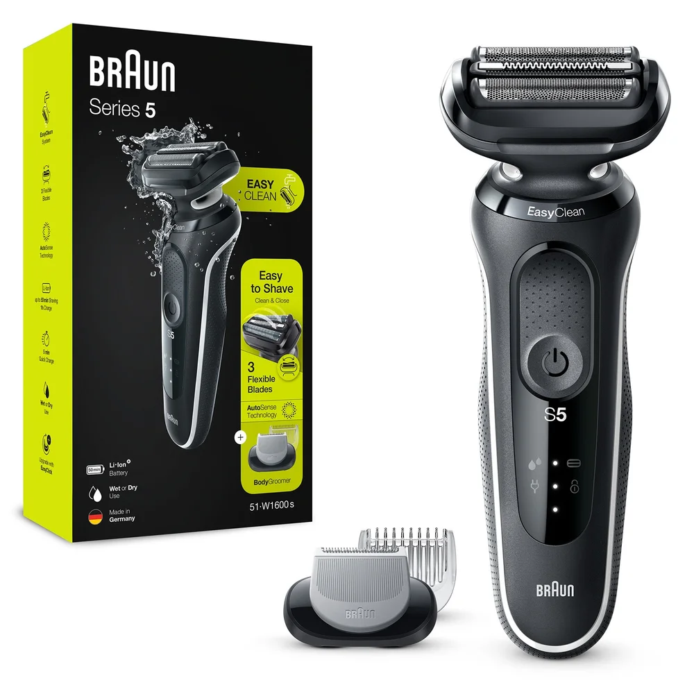 Braun Series 5 51-W1600s shaver with EasyClean system and BodyGroomer attachment.