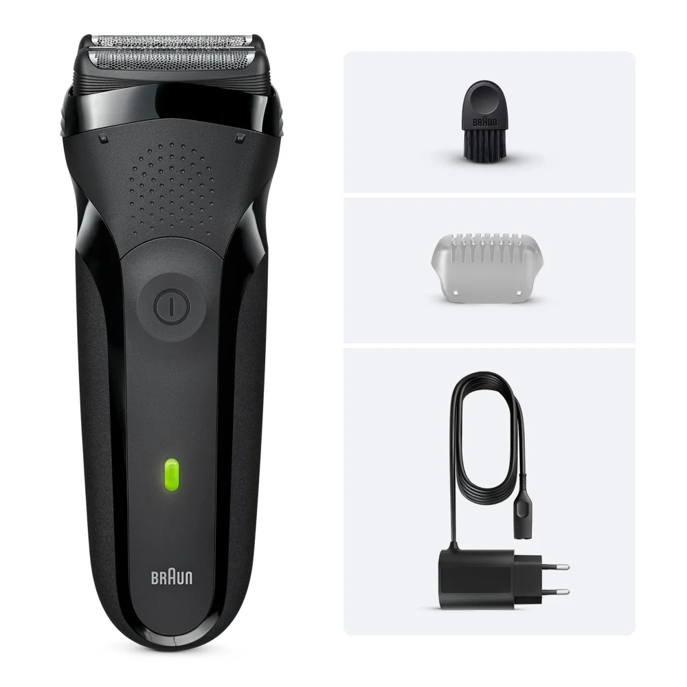 Braun electric shaver shown with cleaning brush, protective cap, and charger.