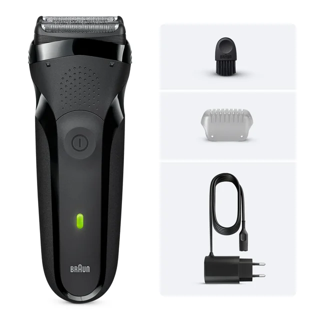 Braun electric shaver shown with cleaning brush, protective cap, and charger.