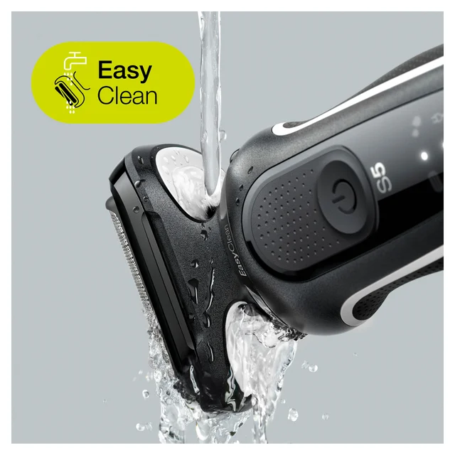 Braun Series 5 shaver being rinsed under water, highlighting the 'Easy Clean' feature.