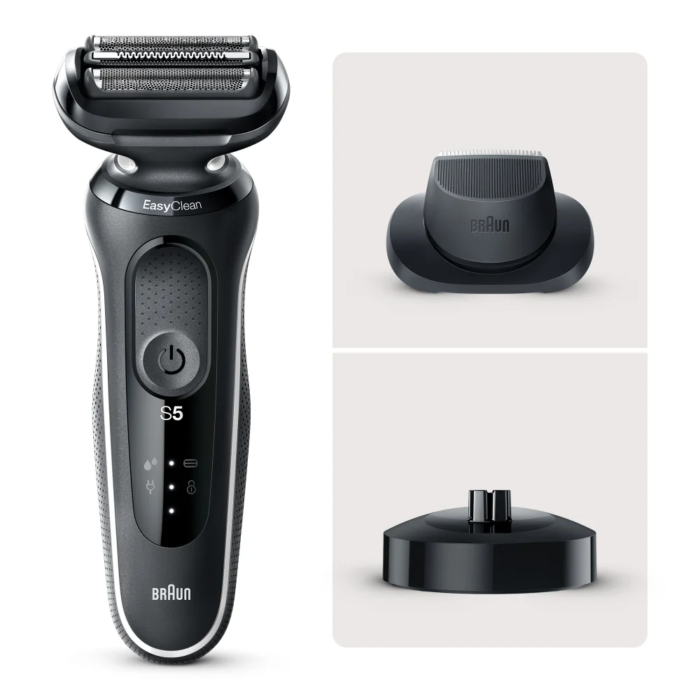 Braun Series 5 EasyClean electric shaver with trimmer attachment and charging stand.