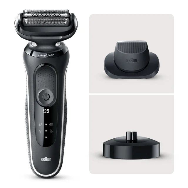 Braun Series 5 EasyClean electric shaver with trimmer attachment and charging stand.