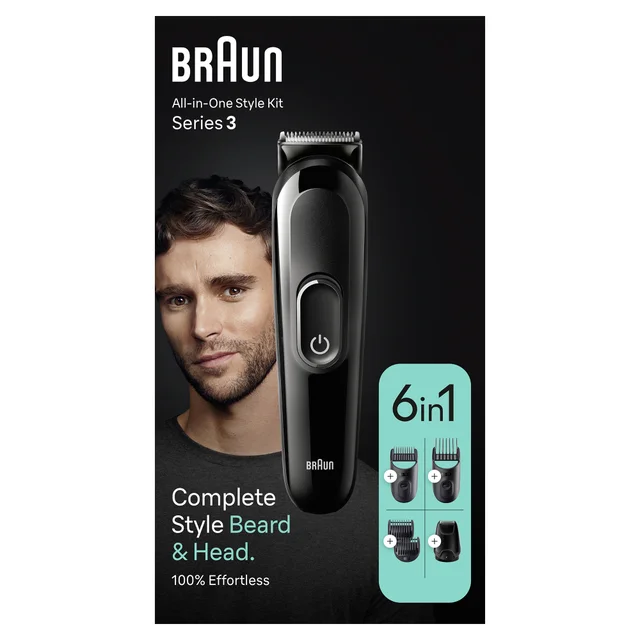 Braun All-in-One Style Kit Series 3 packaging, highlighting 6in1 for complete beard & head styling.